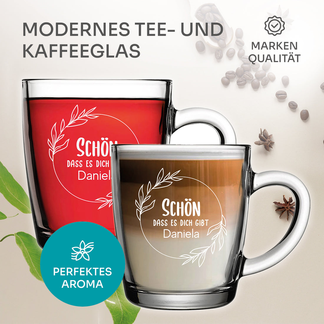 Glasbecher 340 ml für Tee mit Gravur "Schön dass es dich gibt"