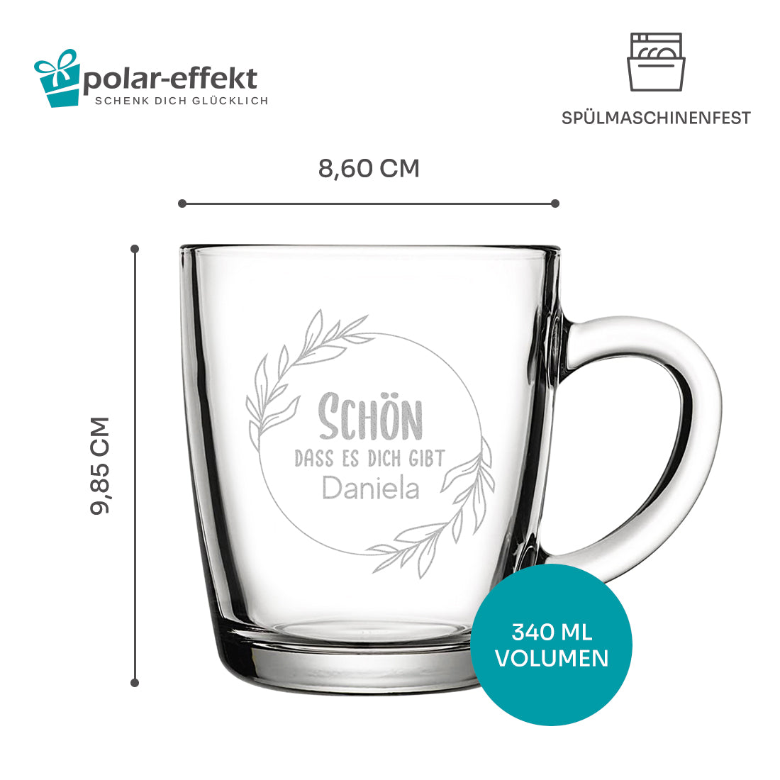 Glasbecher 340 ml für Tee mit Gravur "Schön dass es dich gibt"