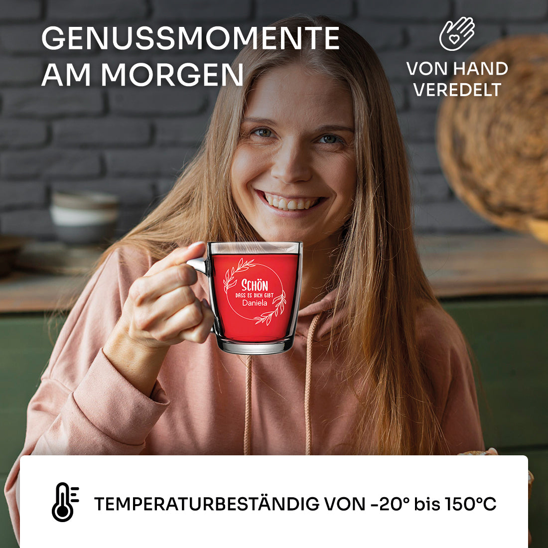 Glasbecher 340 ml für Tee mit Gravur "Schön dass es dich gibt"
