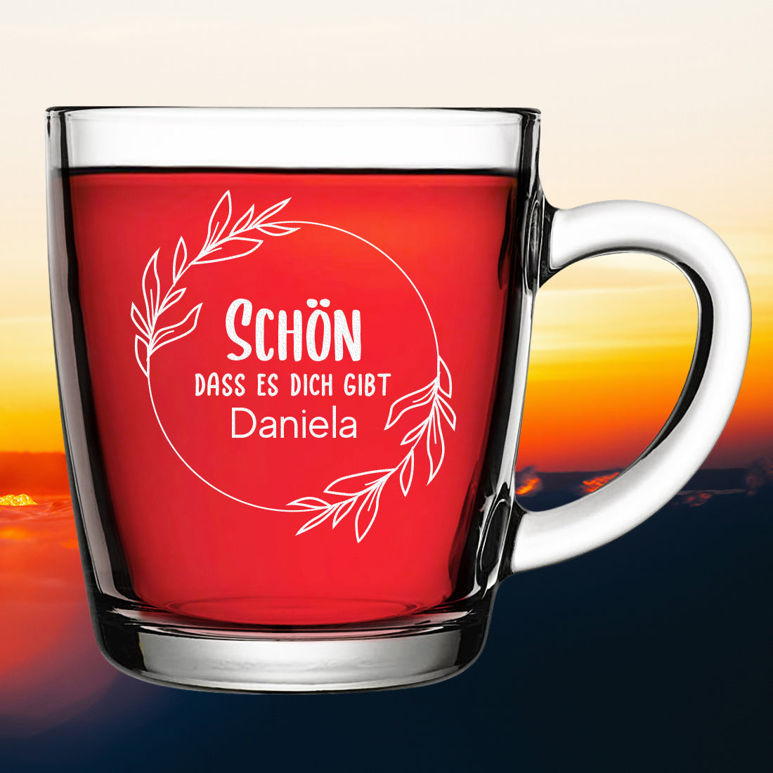 Glasbecher 340 ml für Tee mit Gravur "Schön dass es dich gibt"