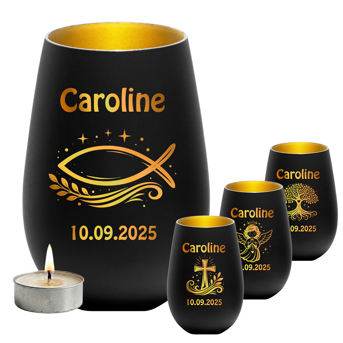 Personalisiertes Teelicht schwarz gold mit Gravur Name und Datum Geschenk Taufe