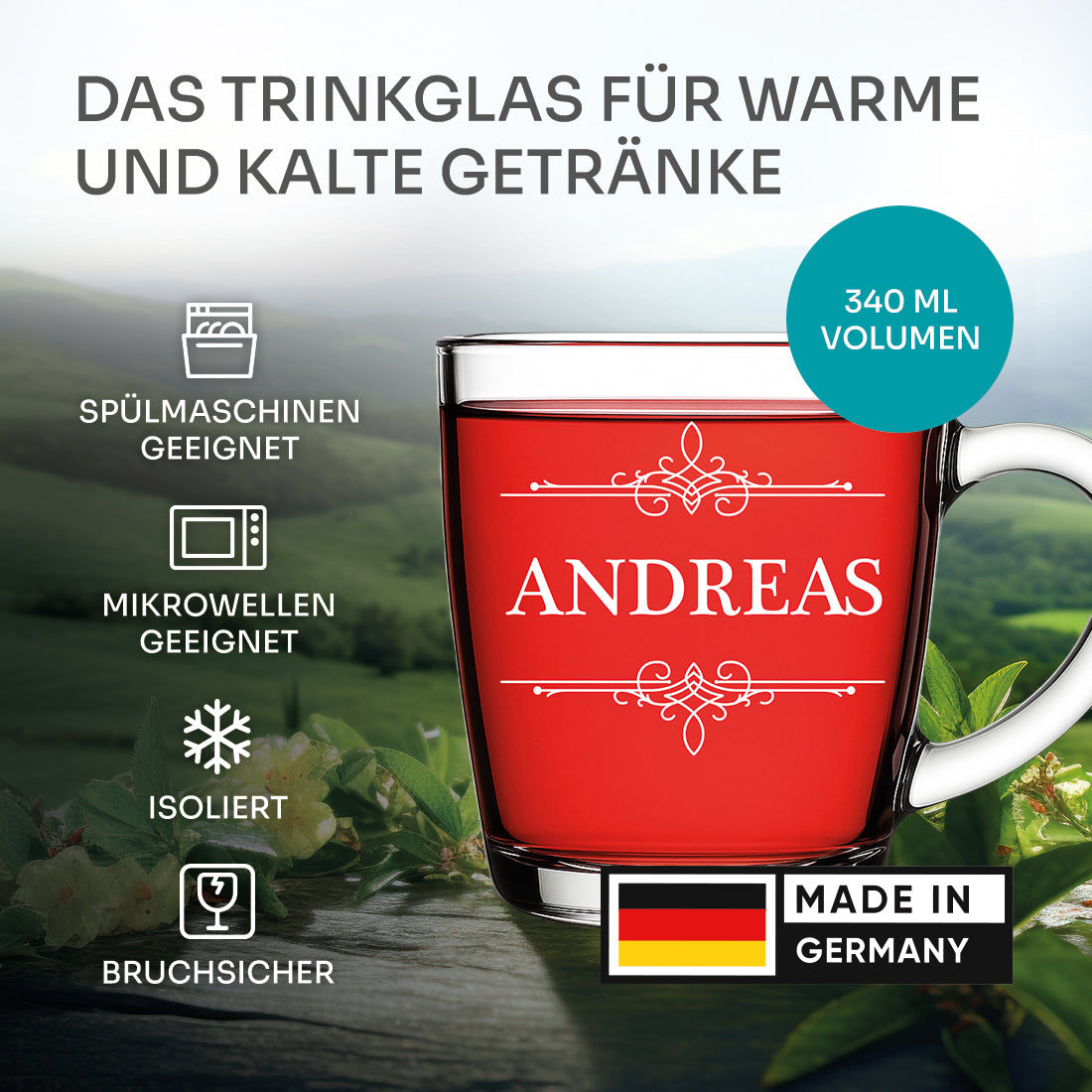 Teetasse aus Glas 340 ml mit personalisierter Gravur - Motiv "Ornament"