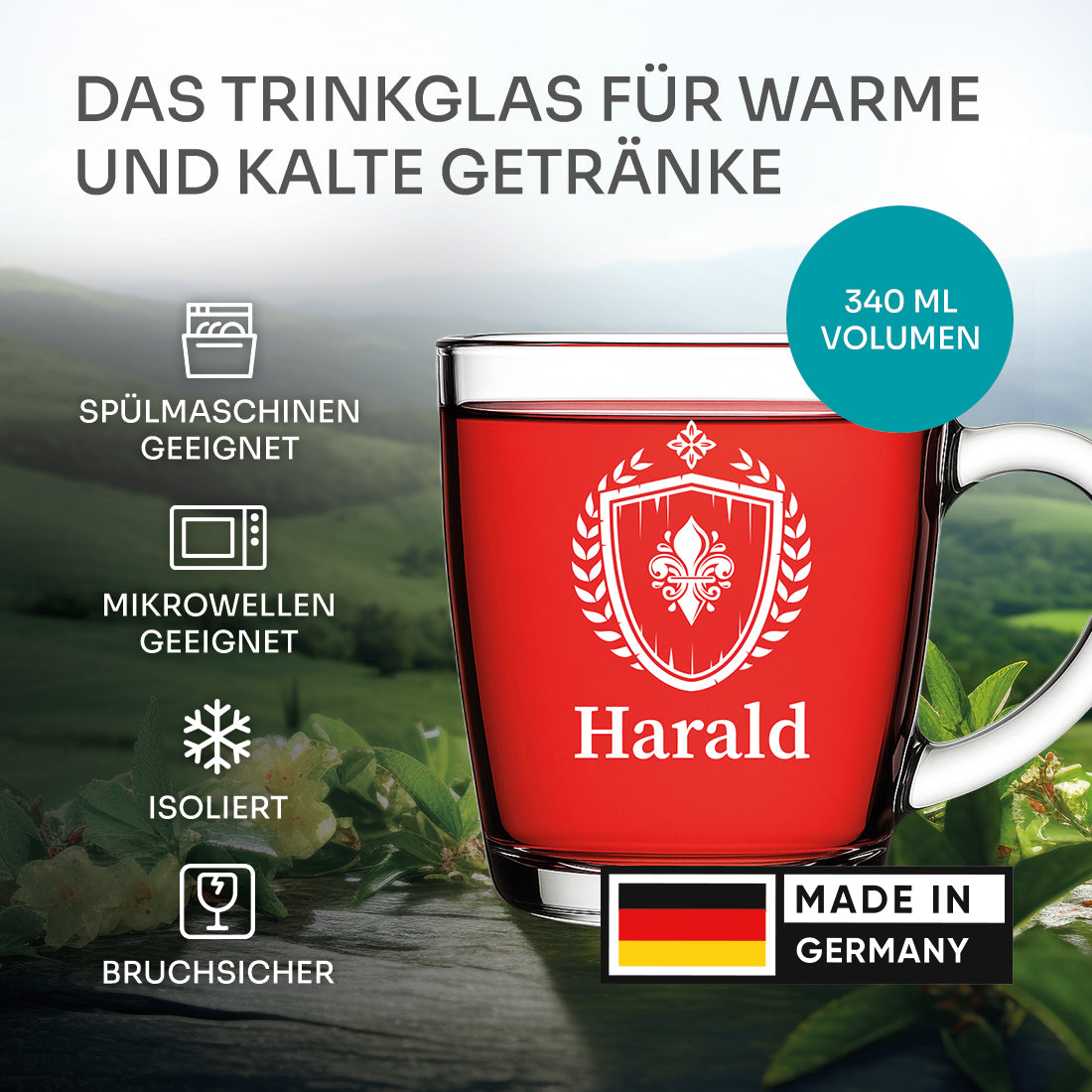 Teeglas modern 340 ml mit personalisierter Gravur - Fleur-de-lis