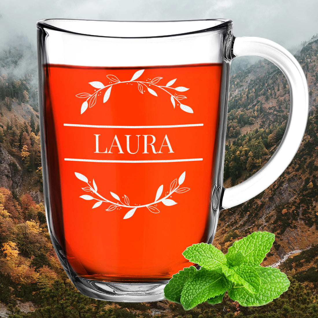 Teeglas 380 ml groß mit personalisierter Gravur - Motiv "Blumenkreis"