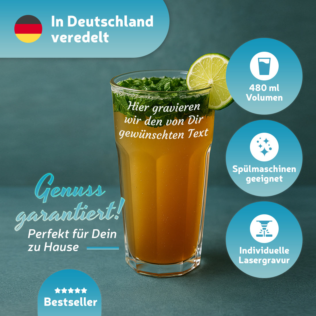 Trinkglas 480 ml für Wasser, Saft & Cocktails mit Gravur