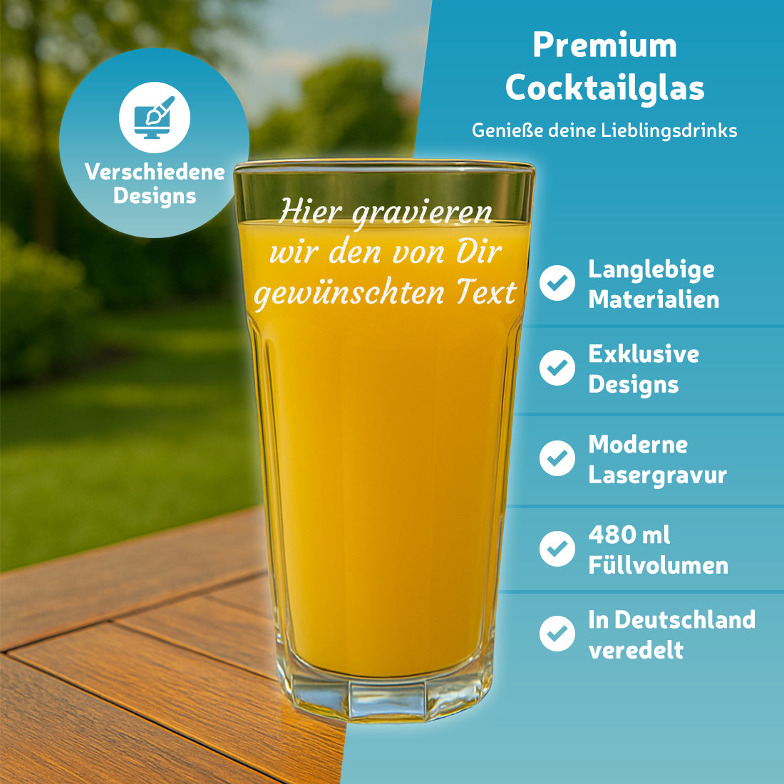 Trinkglas 480 ml für Wasser, Saft & Cocktails mit Gravur