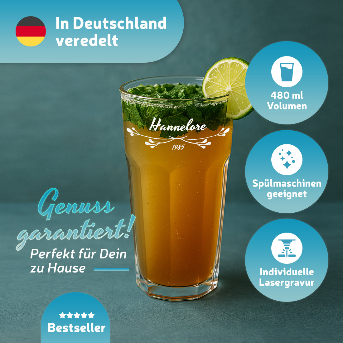 Wasser Trinkglas 480 ml mit personalisierter Gravur für Frauen