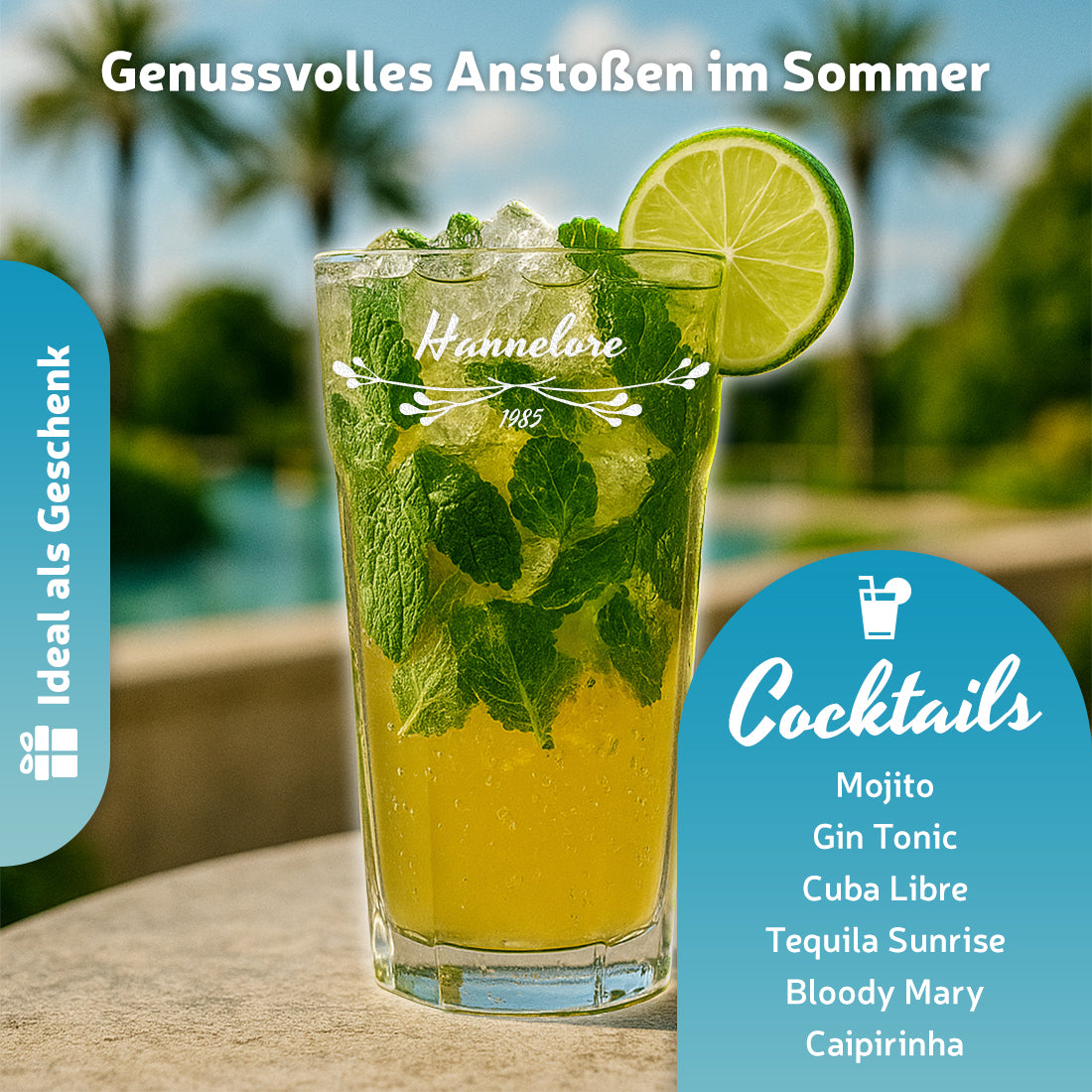 Wasser Trinkglas 480 ml mit personalisierter Gravur für Frauen