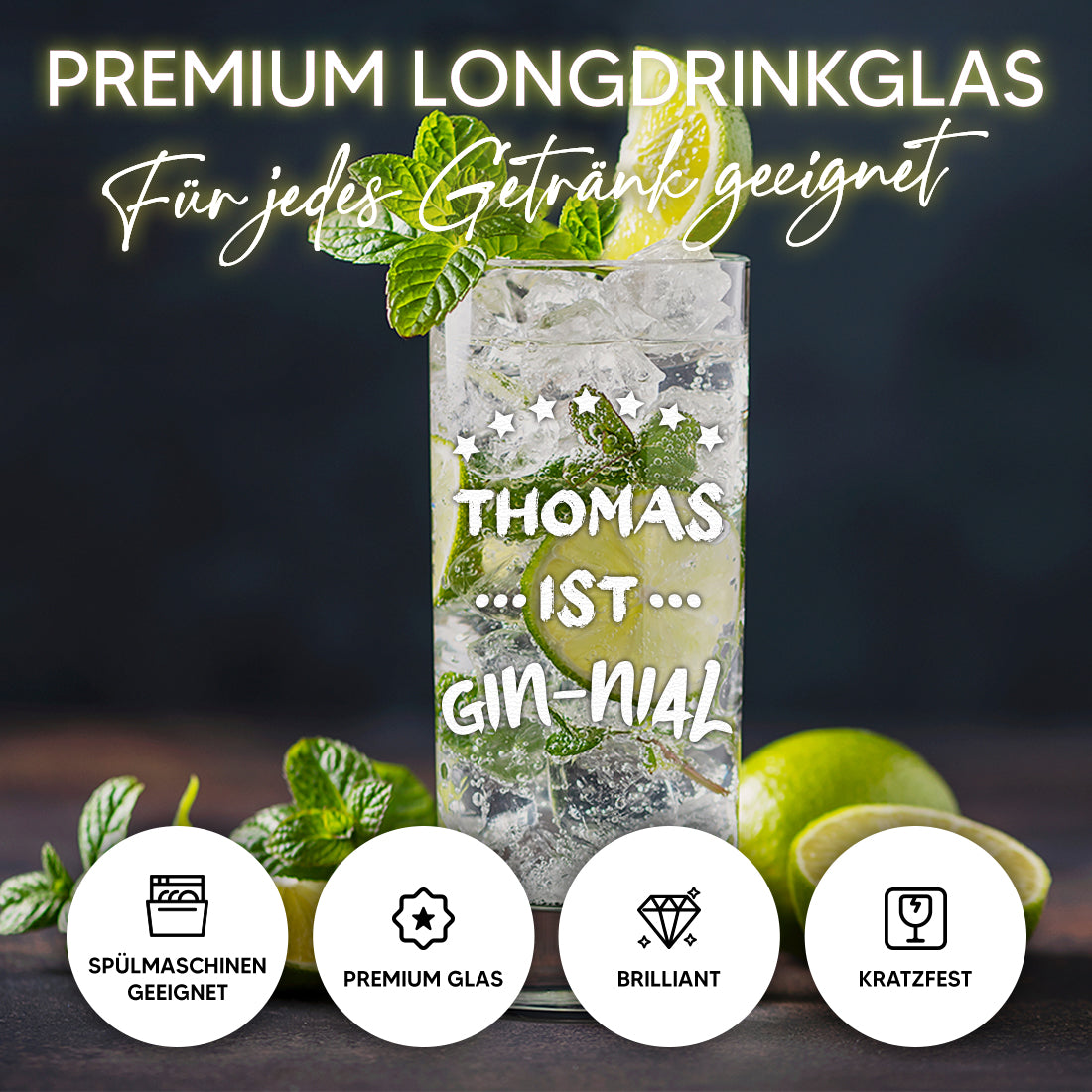 Longdrinkglas 485 ml für Gin Tonic mit personalisierter Gravur