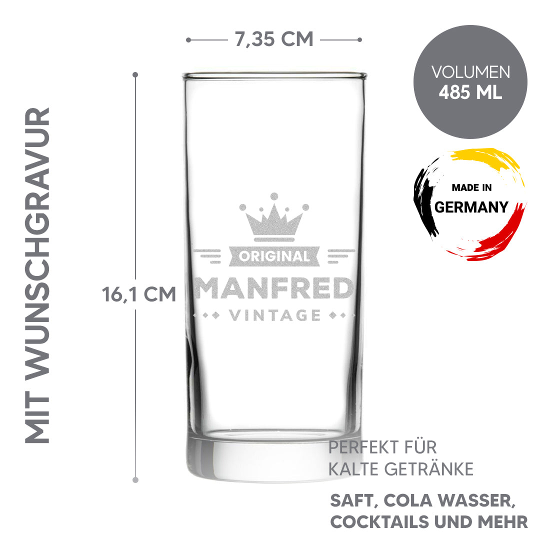 Wasser Trinkglas 485 ml mit Motiv Gravur "Vintage"