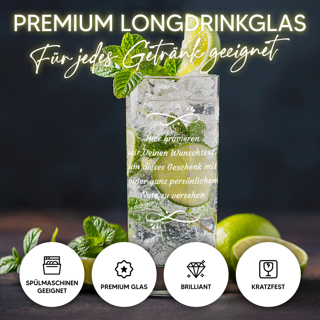 Trinkglas 485 ml für Drinks, Wasser & Cocktails mit Gravur