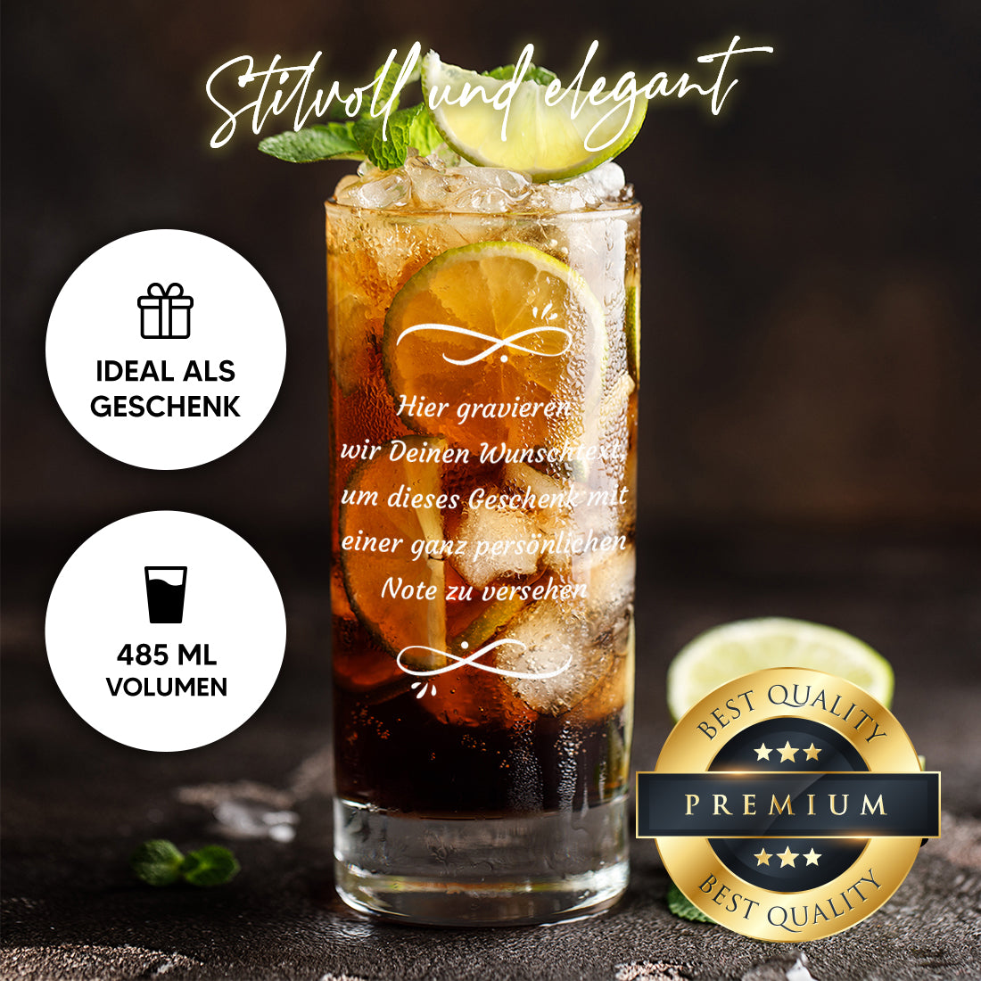 Trinkglas 485 ml für Drinks, Wasser & Cocktails mit Gravur