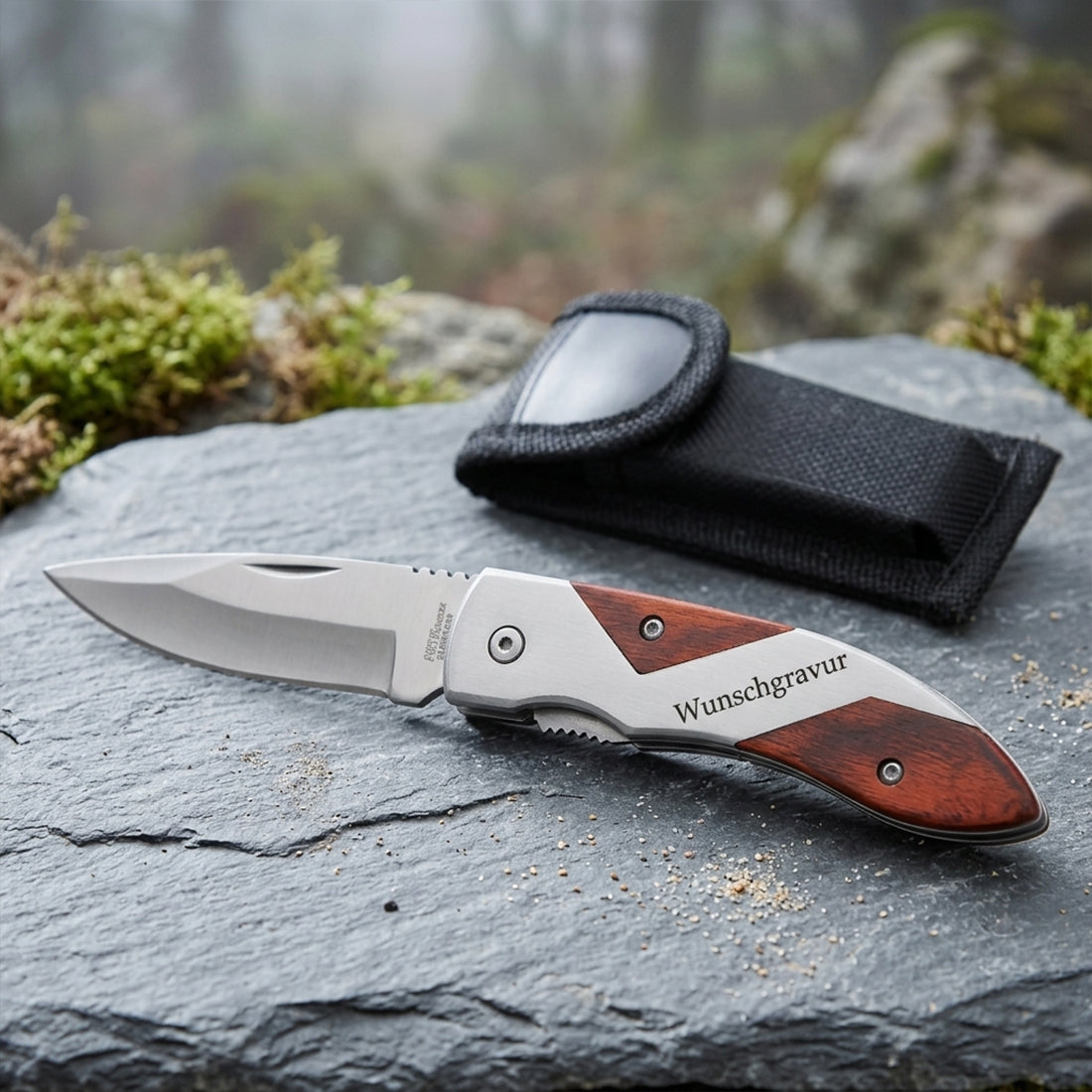 Klappmesser mit Gravur - Taschenmesser inkl. Holzgriff & Güreletui