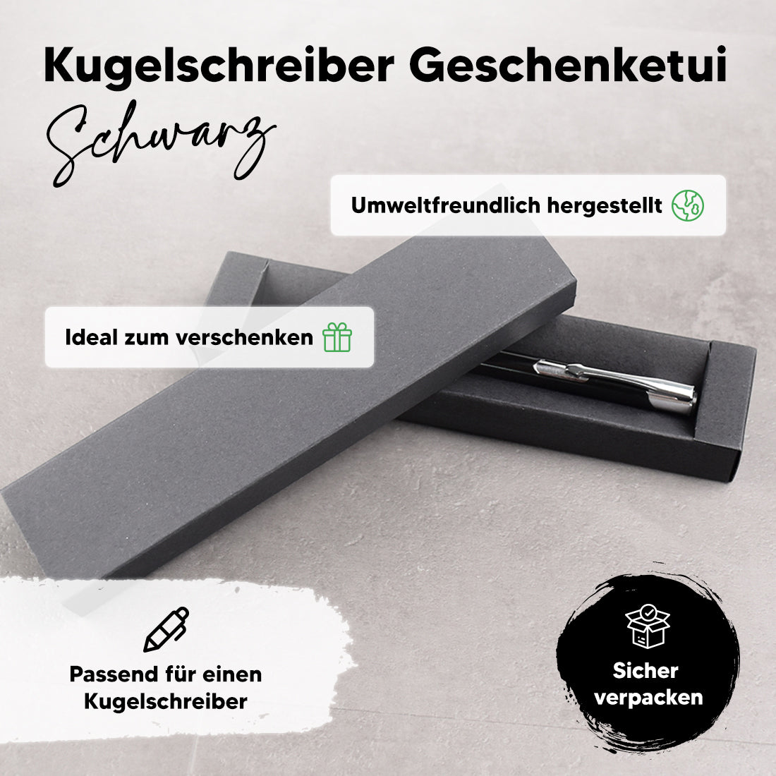 Geöffnetes und umweltfreundlich hergestelltes Stiftetui in Schwarz für einen Kugelschreiber.