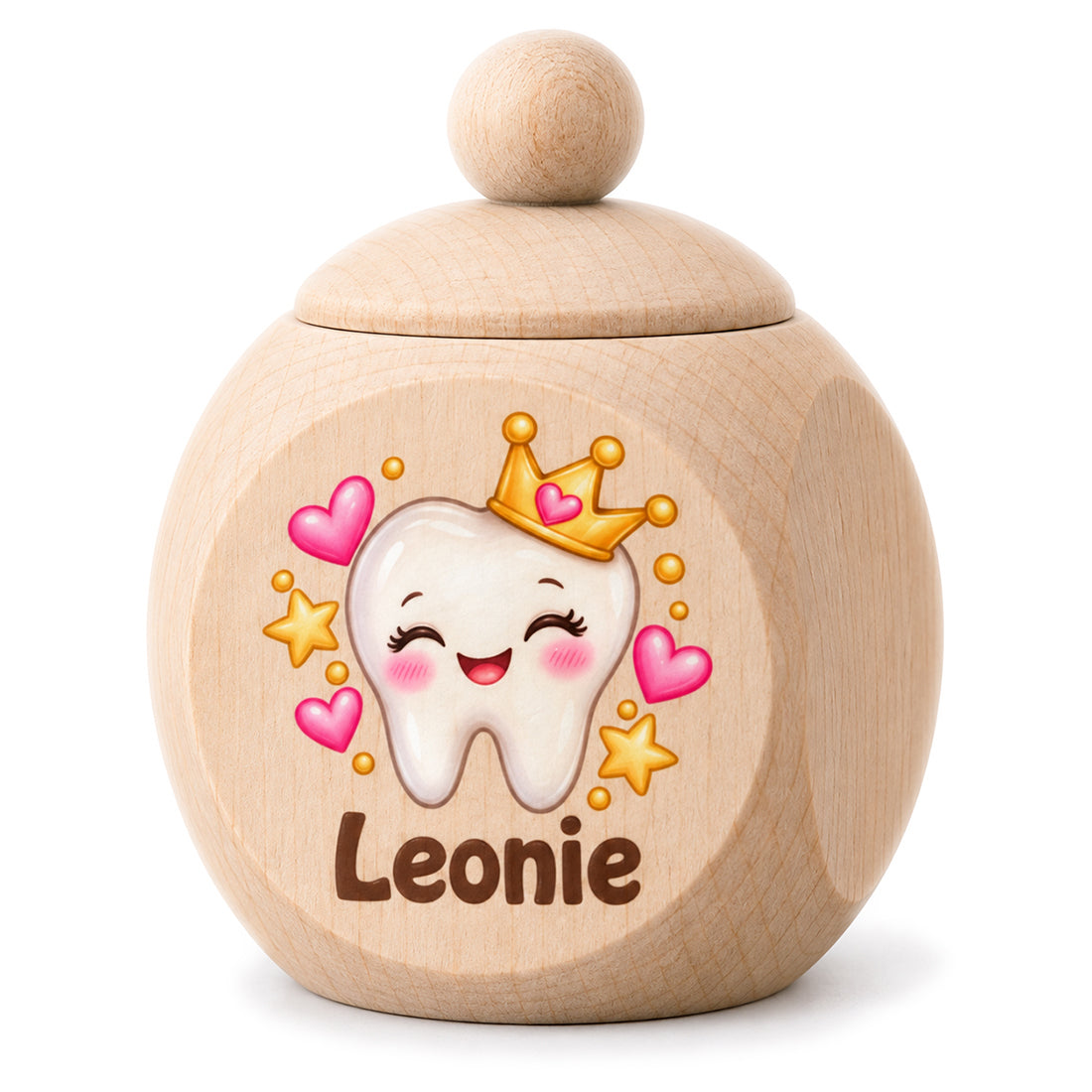 Personalisierte Zahndose aus Ahornholz mit Zahnprinzessin, Krone und Beispielname Leonie