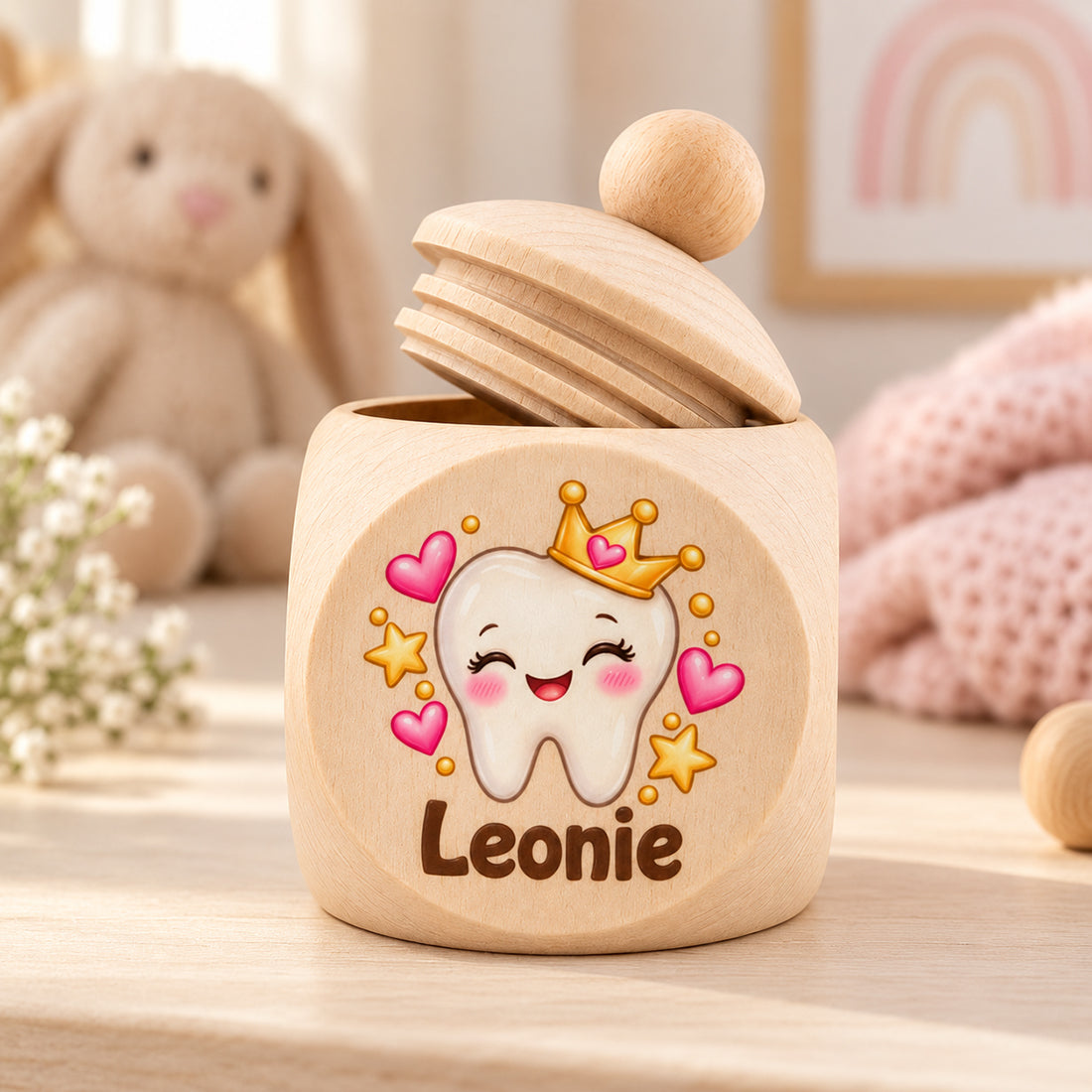 Zahndose mit Zahnprinzessin und leicht geöffnetem Deckel auf einer Kommode im Kinderzimmer
