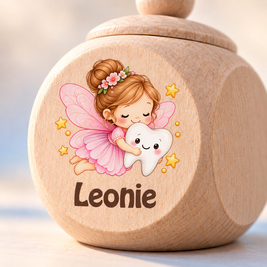 Nahaufnahme der Zahnfee mit Blüten im Haar und dem Namensdruck Leonie auf Ahornholz