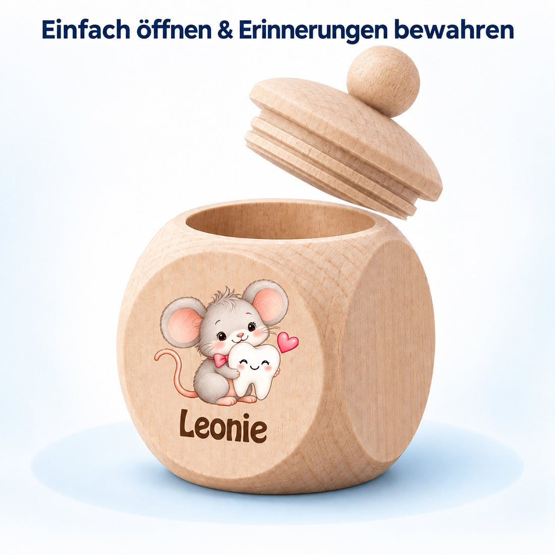 Geöffnete Zahndose aus Ahornholz mit Schraubdeckel und rundem Holzgriff