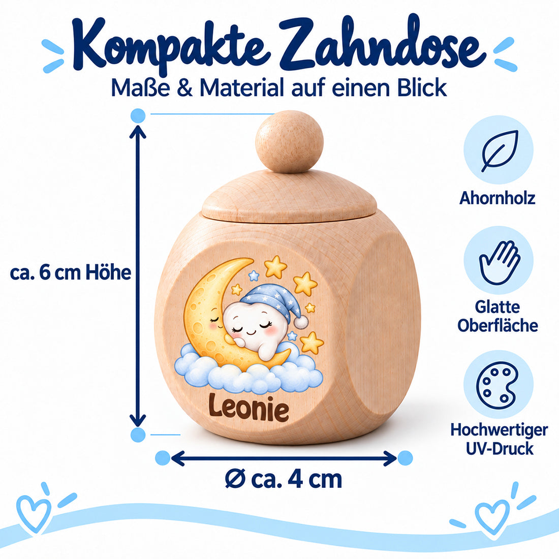 Eigenschaftsbild der personalisierten Zahndose mit Ahornholz, UV-Druck und Schraubdeckel