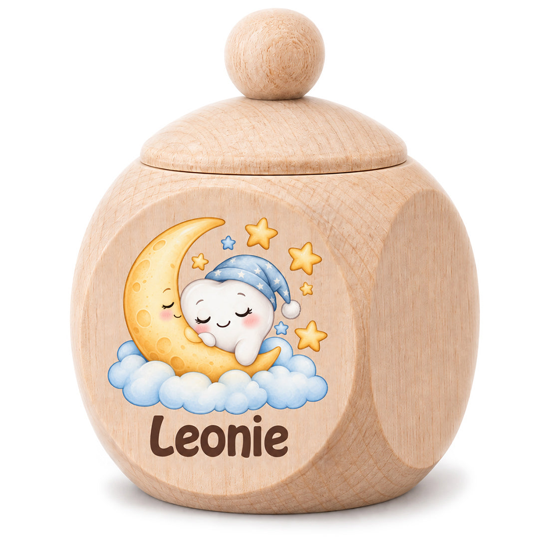 Personalisierte Zahndose aus Ahornholz mit schlafendem Zahn auf dem Mond und Beispielname Leonie