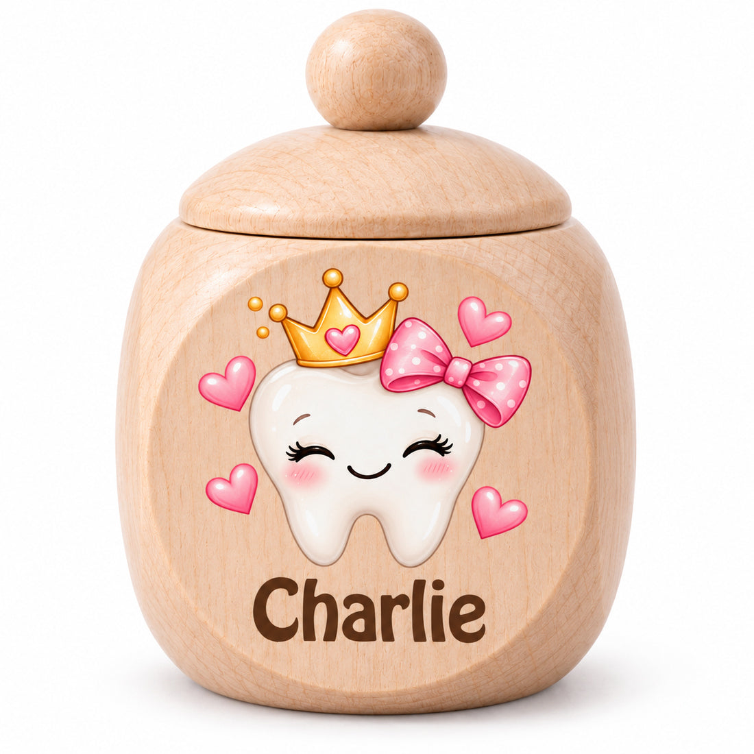 Zahndose aus Ahornholz mit Motiv Zahnprinzessin mit Schleife und Beispielname Charlie vor weißem Hintergrund