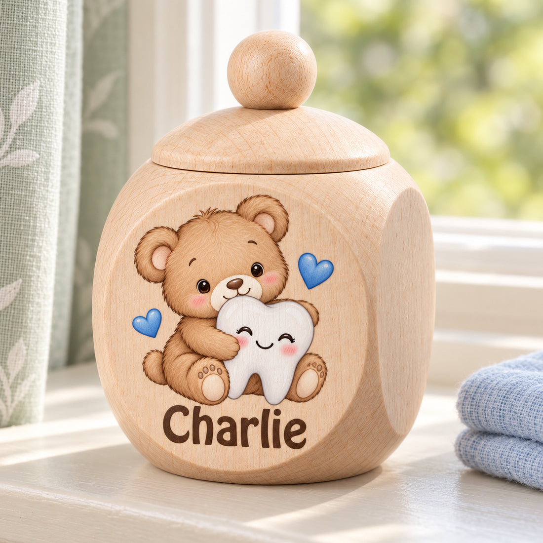 Zahndose aus Ahornholz mit Motiv Teddybär & Zahn an einem hellen Platz im Kinderzimmer