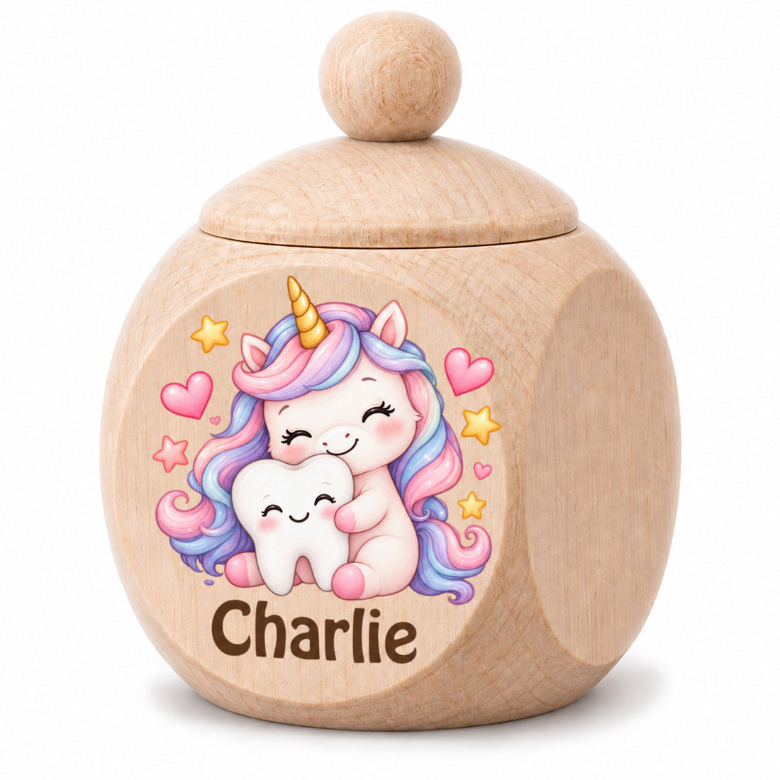 Zahndose aus Ahornholz mit Motiv Einhorn & Zahn und Beispielname Charlie vor weißem Hintergrund