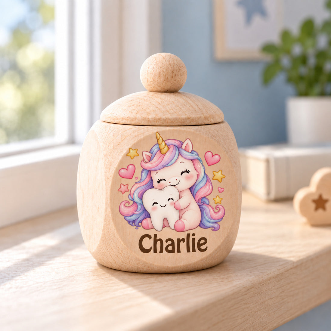 Zahndose aus Ahornholz mit Motiv Einhorn & Zahn an einem hellen Platz im Kinderzimmer