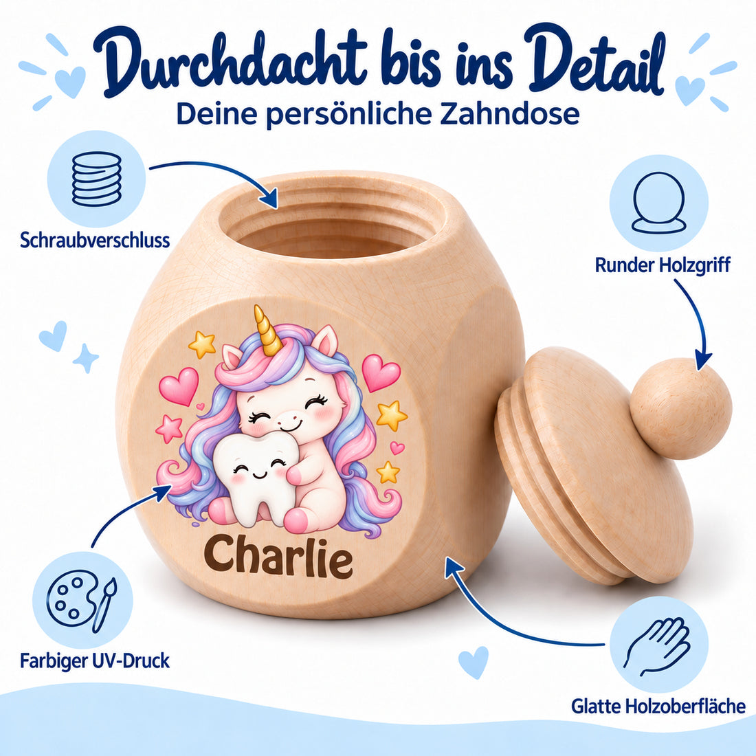 Detailbild der Zahndose mit Motiv Einhorn & Zahn: UV-Druck, Schraubdeckel und glatte Holzoberfläche