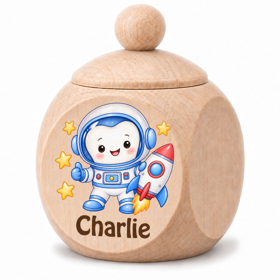 Zahndose mit Motiv Zahn-Astronaut vor weißem Hintergrund