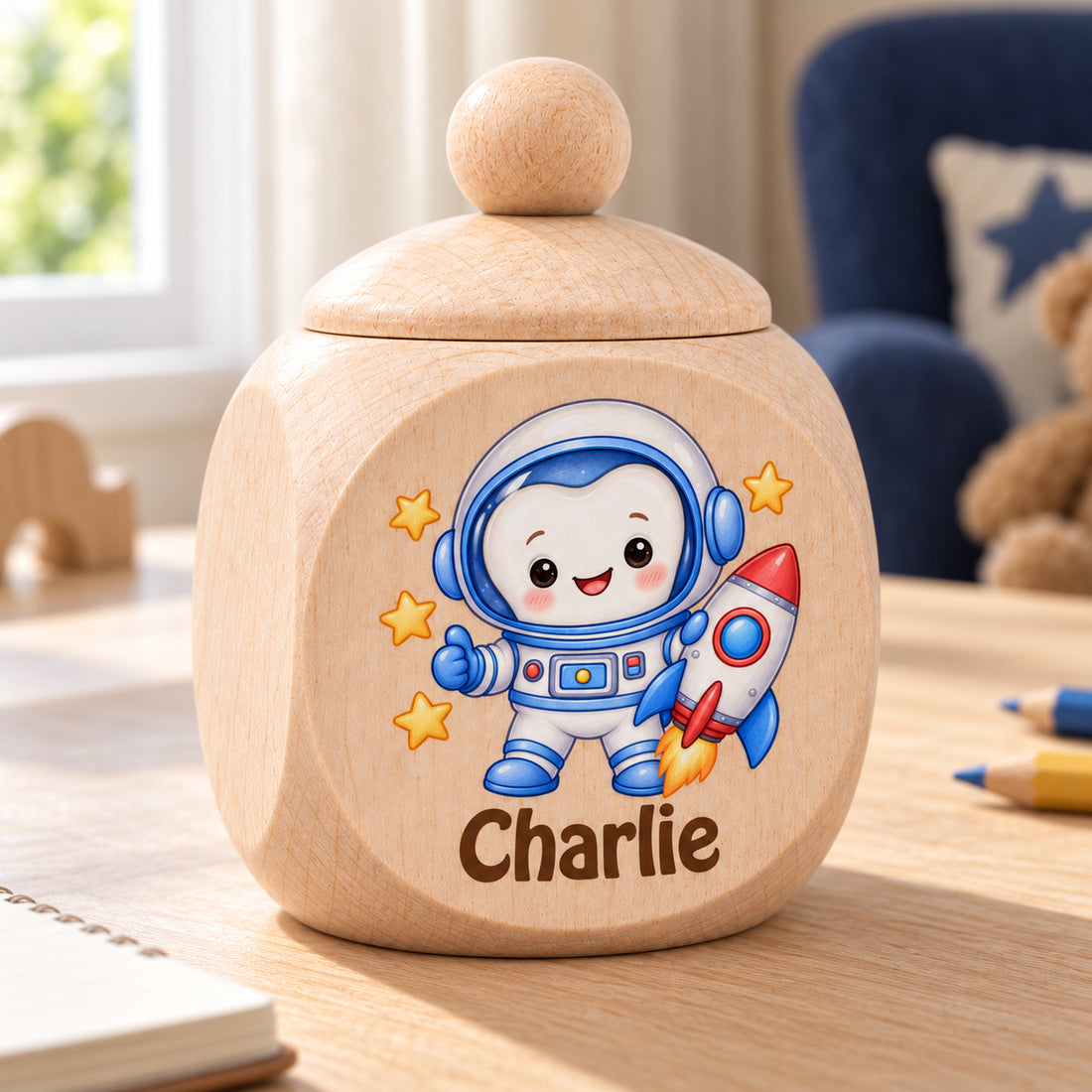 Zahndose mit Motiv Zahn-Astronaut an einem hellen Platz im Kinderzimmer
