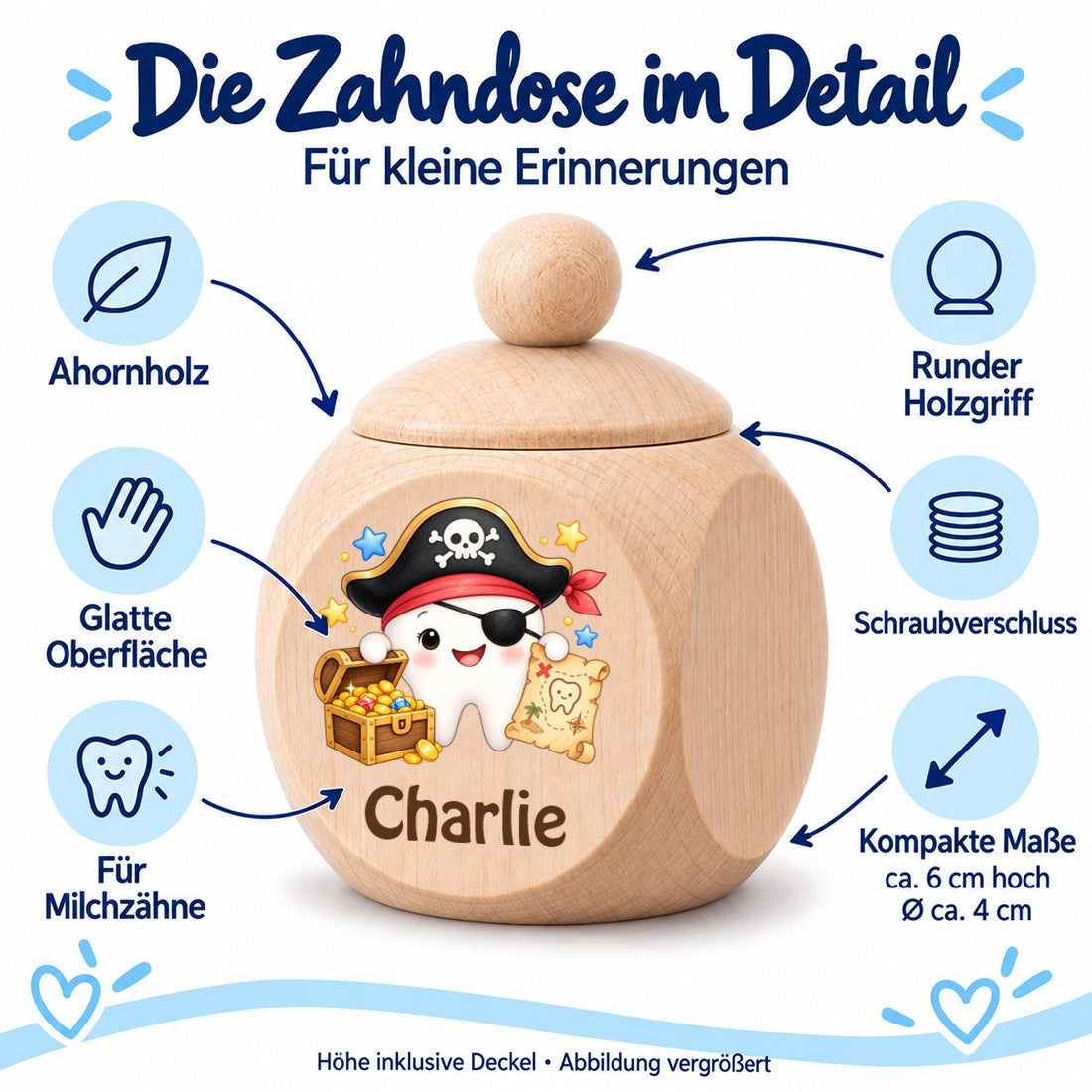 Zahndose mit Motiv Zahn-Pirat im Detailbild mit Material und Schraubverschluss