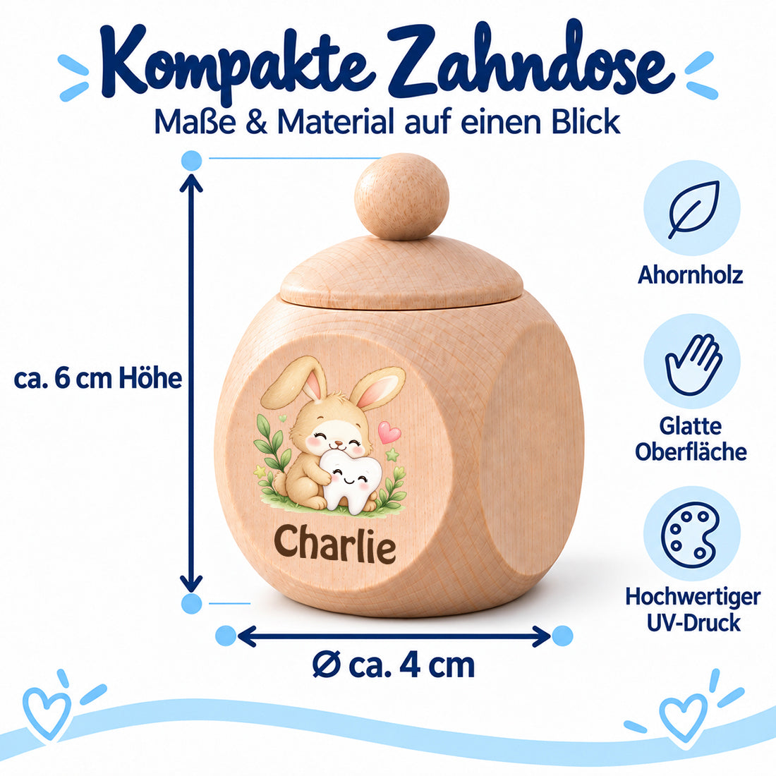 Zahndose mit Motiv Hase & Zahn im Maßbild: ca. 6 cm hoch und 4 cm Durchmesser