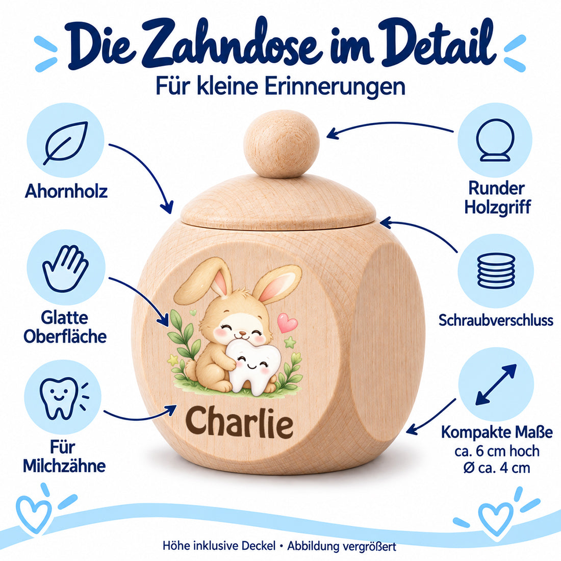 Zahndose mit Motiv Hase & Zahn im Detailbild mit Material und Schraubverschluss