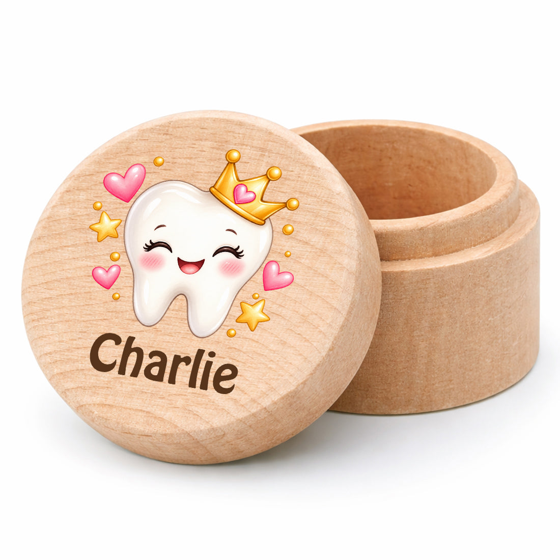 Runde Zahndose mit Motiv Zahnprinzessin und Beispielname Charlie vor weißem Hintergrund