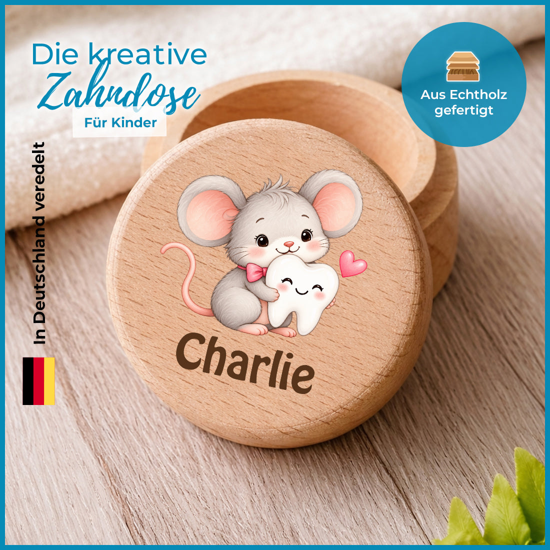 Runde Zahndose mit Motiv Zahnmaus und Beispielname Charlie im Detailbild mit Holzmaserung