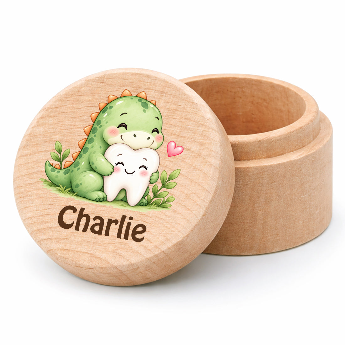 Runde Zahndose mit Motiv Dino & Zahn und Beispielname Charlie vor weißem Hintergrund
