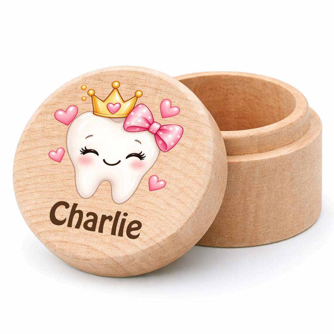 Runde Zahndose mit Motiv Zahnprinzessin mit Schleife und Beispielname Charlie vor weißem Hintergrund