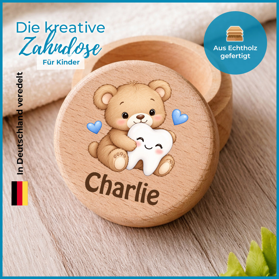 Runde Zahndose mit Motiv Teddybär & Zahn und Beispielname Charlie im Detailbild mit Holzmaserung