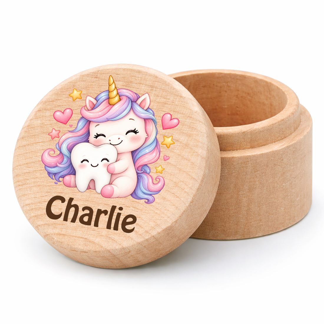 Runde Zahndose mit Motiv Einhorn & Zahn und Beispielname Charlie vor weißem Hintergrund