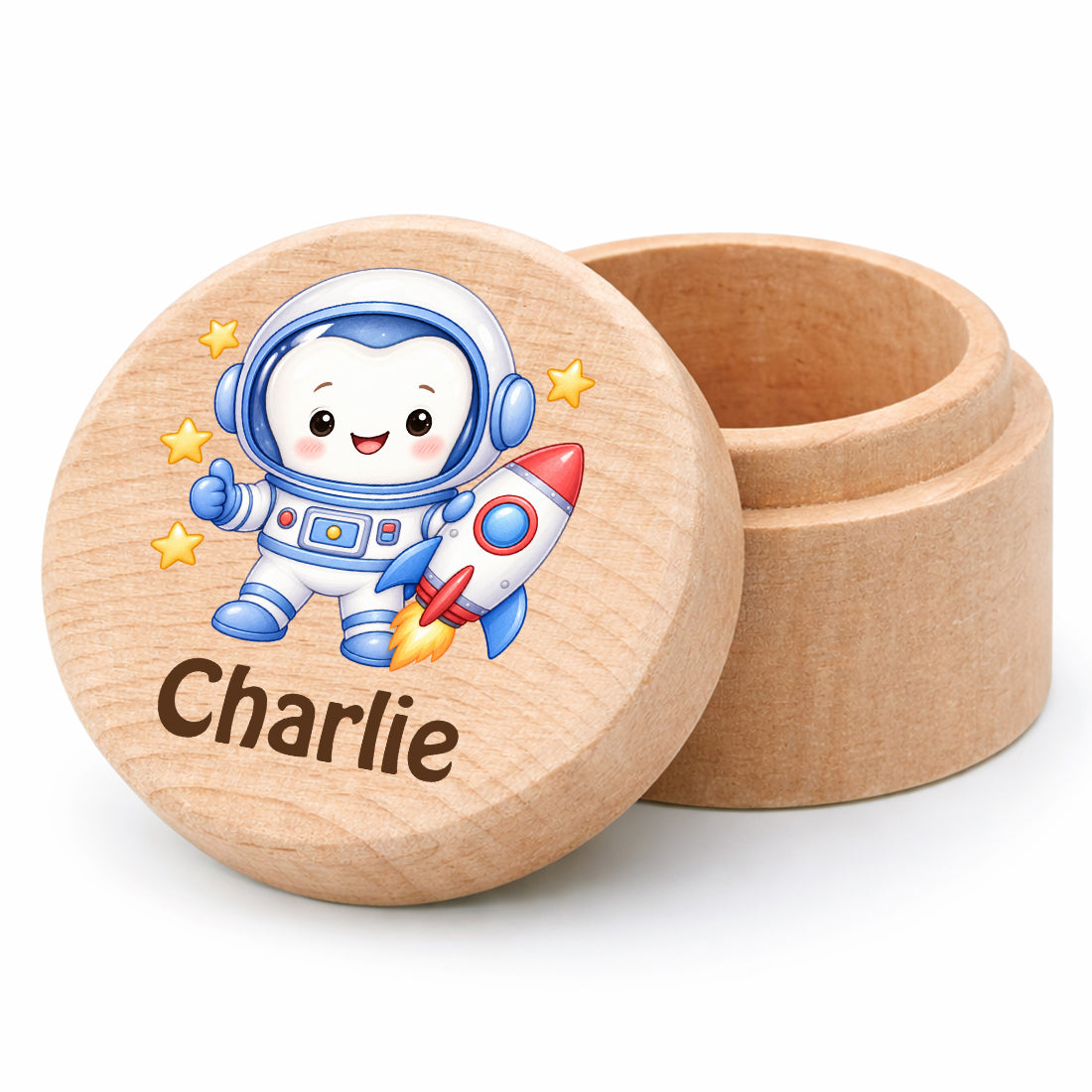 Runde Zahndose mit Motiv Zahn-Astronaut und Beispielname Charlie vor weißem Hintergrund