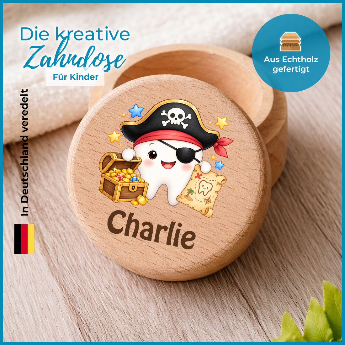 Runde Zahndose mit Motiv Zahn-Pirat und Beispielname Charlie im Detailbild mit Holzmaserung