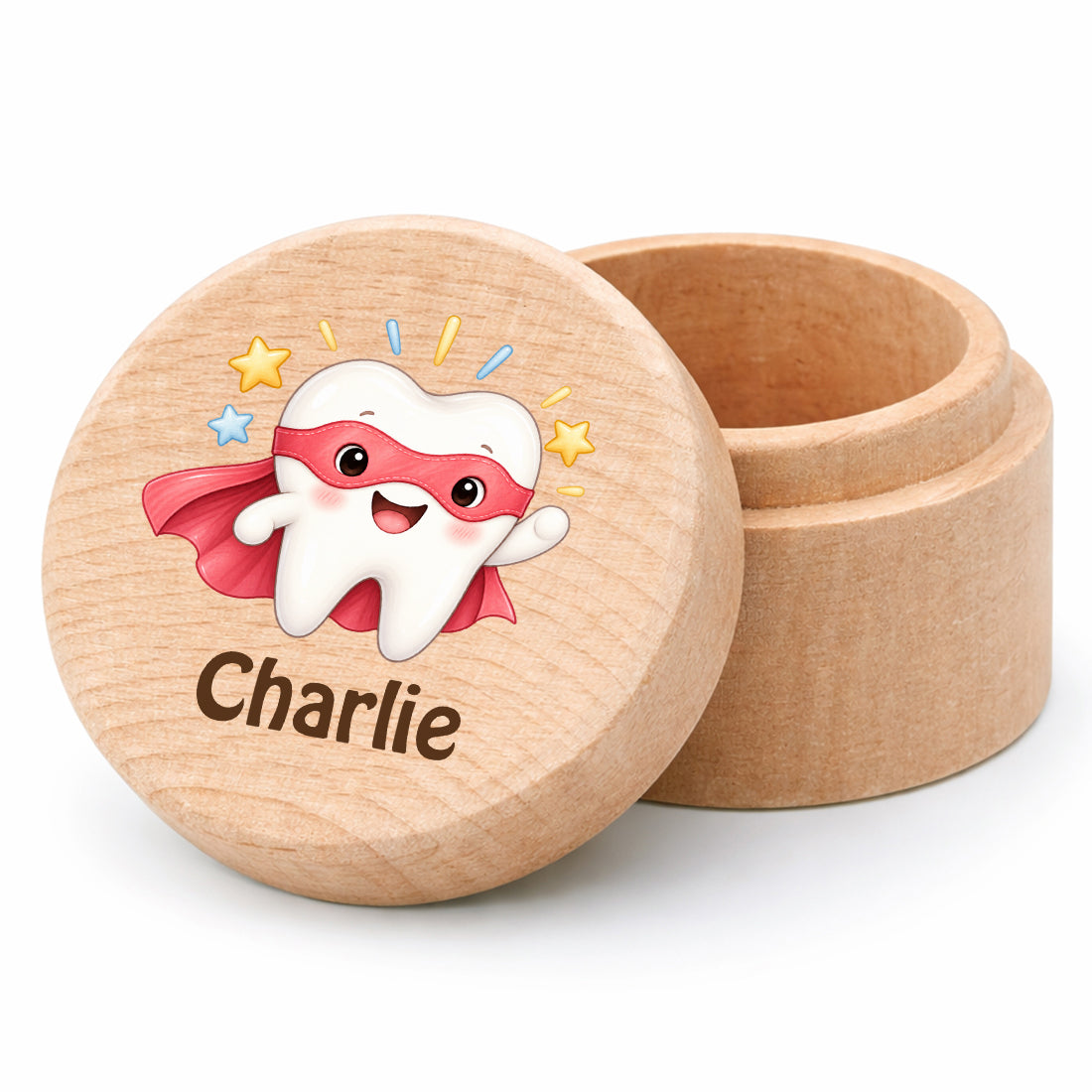 Runde Zahndose mit Motiv Superzahn und Beispielname Charlie vor weißem Hintergrund