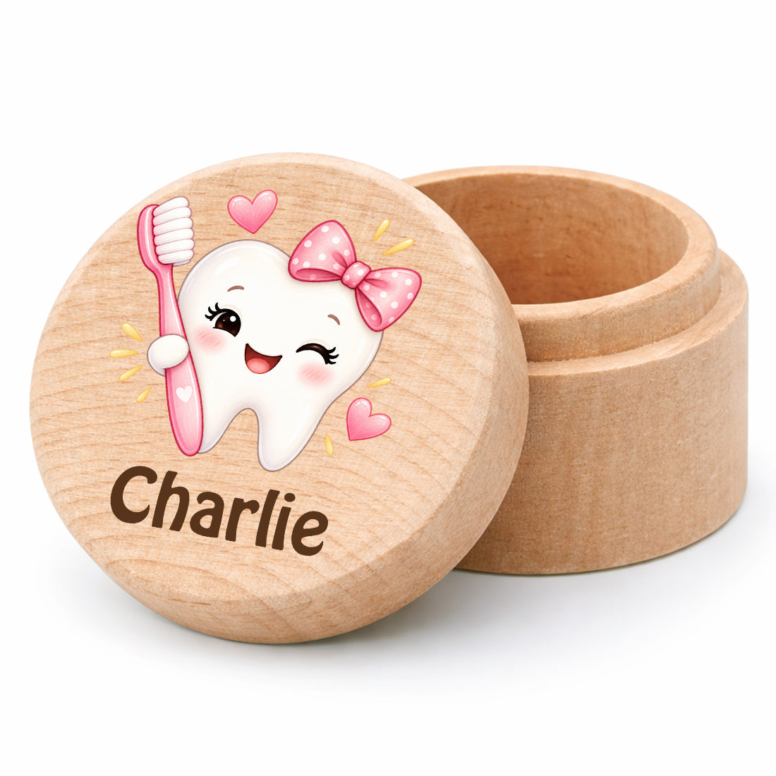Runde Zahndose mit Motiv Zahn & Zahnbürste und Beispielname Charlie vor weißem Hintergrund