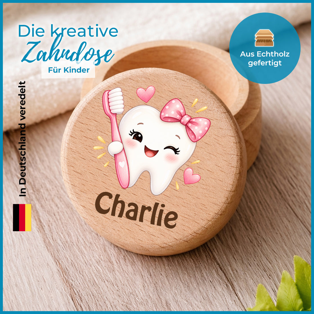 Runde Zahndose mit Motiv Zahn & Zahnbürste und Beispielname Charlie im Detailbild mit Holzmaserung