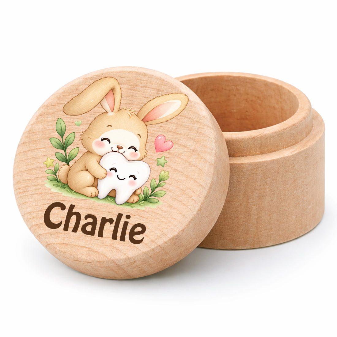 Runde Zahndose mit Motiv Hase & Zahn und Beispielname Charlie vor weißem Hintergrund