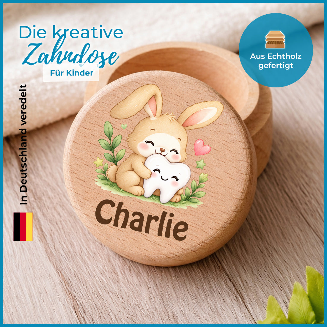 Runde Zahndose mit Motiv Hase & Zahn und Beispielname Charlie im Detailbild mit Holzmaserung