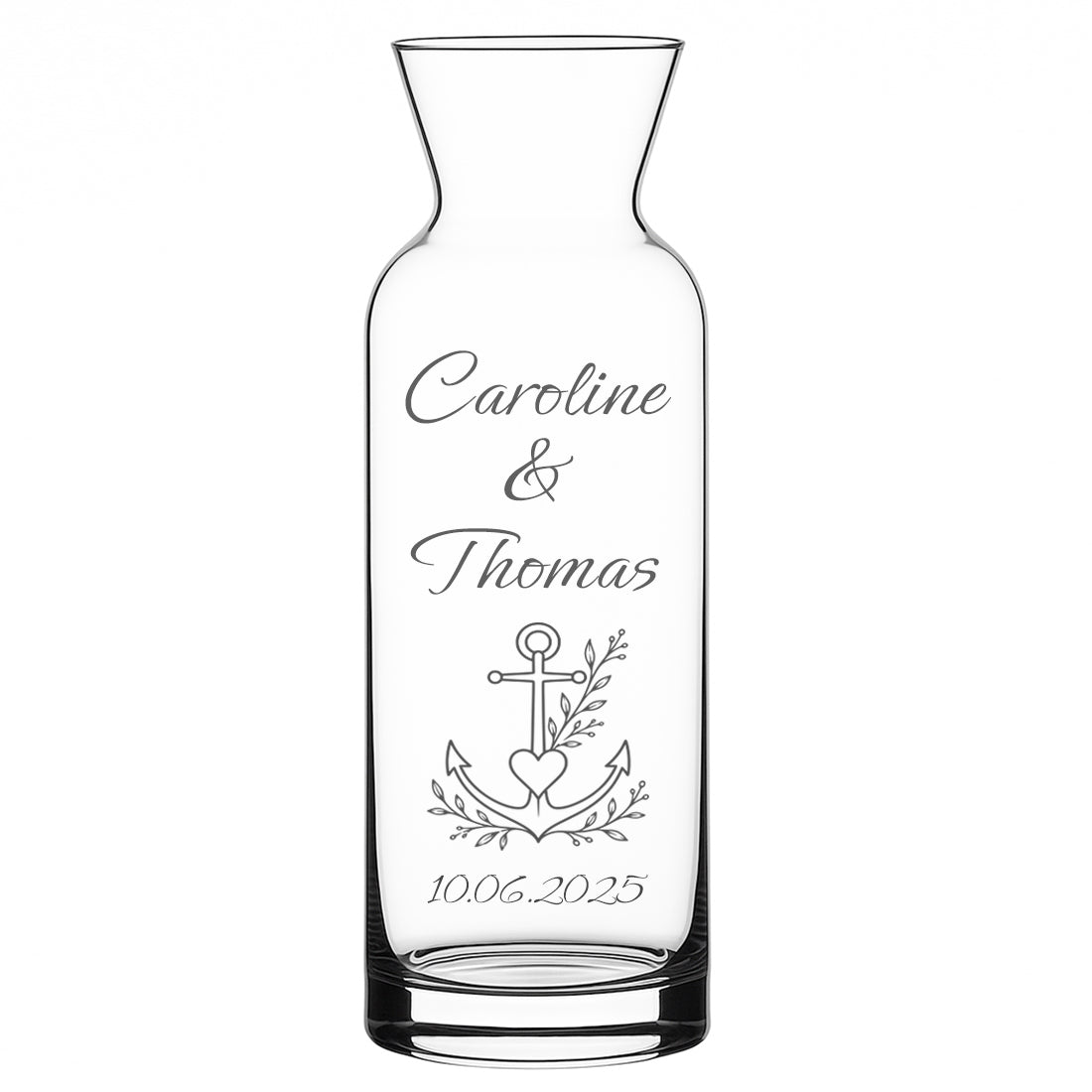 Gravierte Glasvase mit Anker-Motiv und Herzen für Caroline und Thomas