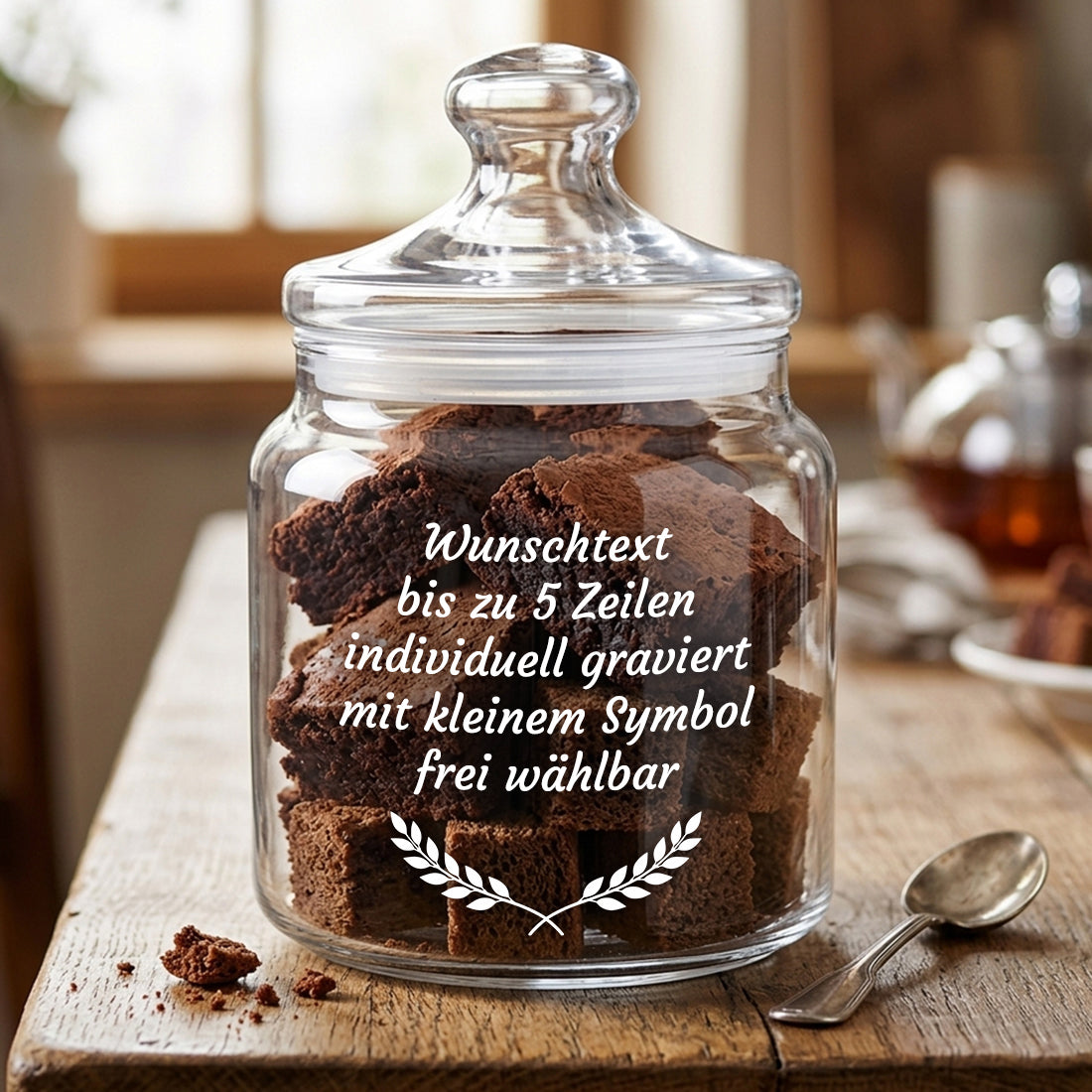 Vorratsglas aus Glas mit Gravurtext und lorbeerartigem Zweig-Symbol gefüllt mit Gebäck