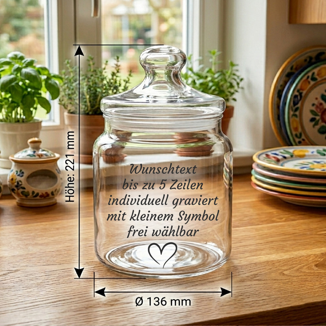 Produktmaße Höhe 221 mm und Durchmesser 136 mm des 1,5 Liter Vorratsglases mit Wunschtext